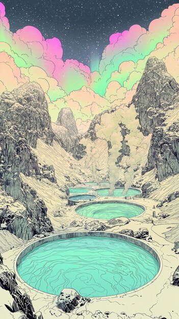 Surreal Mountain Valley with Pools and Psychedelic Sky