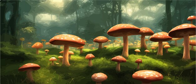 Surreal mushroom landscapes fantasy wonderland landscape with moon mushrooms vector illustration Dreamy fantasy