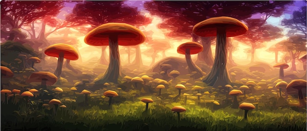 Surreal mushroom landscapes fantasy wonderland landscape with moon mushrooms vector illustration Dreamy fantasy