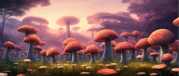 Surreal mushroom landscapes fantasy wonderland landscape with moon mushrooms vector illustration Dreamy fantasy