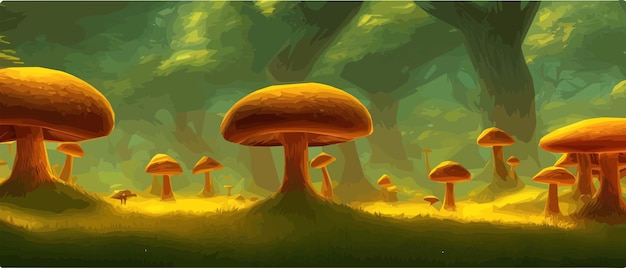 Surreal mushroom landscapes fantasy wonderland landscape with moon mushrooms vector illustration Dreamy fantasy