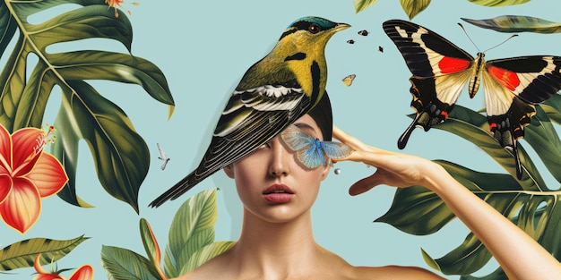 Photo surreal nature portrait of woman with birds and butterflies on tropical background