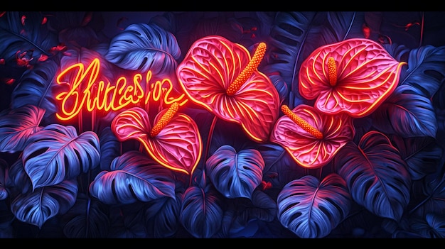 Photo surreal neon tropical flowers