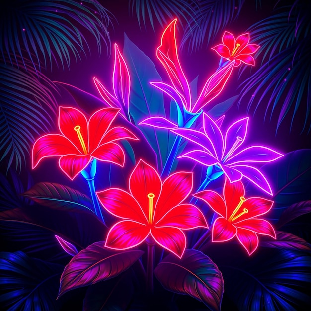 Photo surreal neon tropical flowers