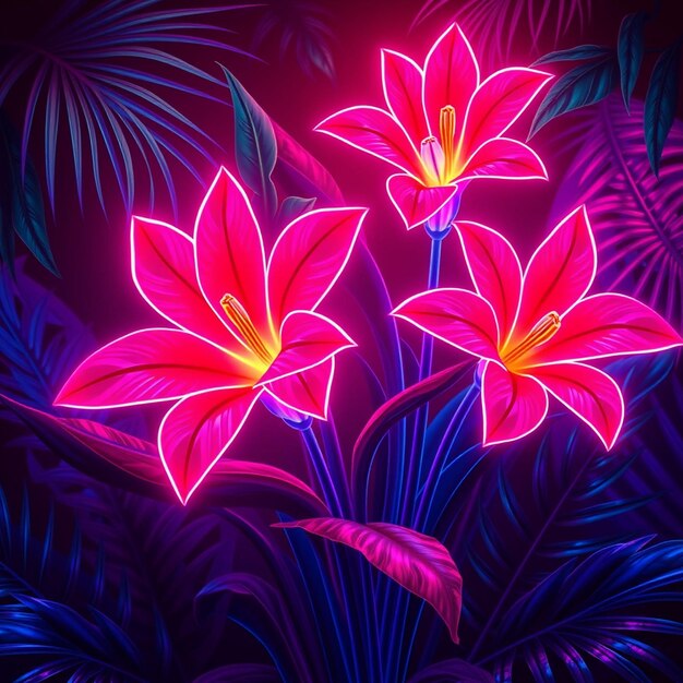 Surreal neon tropical flowers