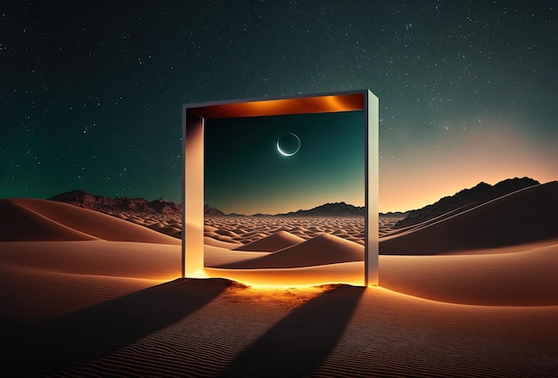 A surreal night desert landscape Abstract sand dunes reflected in a square mirror Yellow neon light starry sky A gateway to a parallel world An immersive reality 3D rendering AI generated