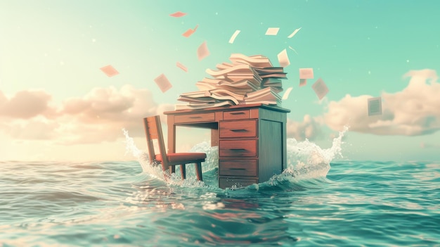 Photo a surreal office desk and chair floating in the sea with papers flying symbolizing overwhelming work or stress