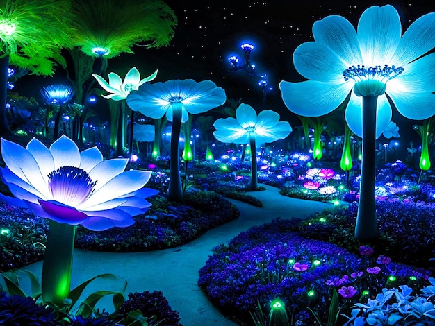 A surreal otherworldly flower garden with bioluminescent blooms