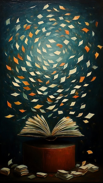 Photo surreal painting of open book with swirling pages