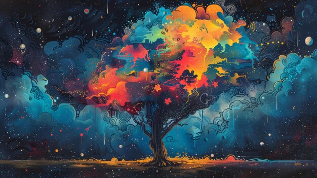 A surreal painting of a tree with a colorful abstract crown against a dark blue background