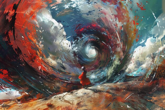 Surreal painting of a woman standing before a swirling vortex of colors evoking chaos and beauty in an abstract landscape