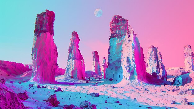 Photo surreal pink and blue landscape with moon