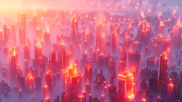 Surreal pink and blue lit cityscape in holographic style