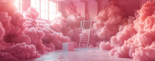 Photo surreal pink cloudfilled room with white ladder and cube under glowing sunlight