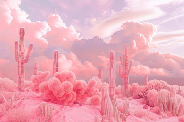 Surreal pink desert landscape with stylized cacti and fluffy clouds under a pastel sky