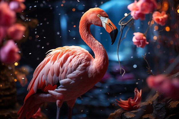 Photo surreal pink flamingo in a night blooming garden with flowers