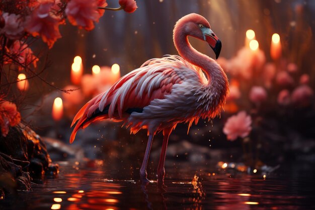 Photo surreal pink flamingo in a night blooming garden with flowers