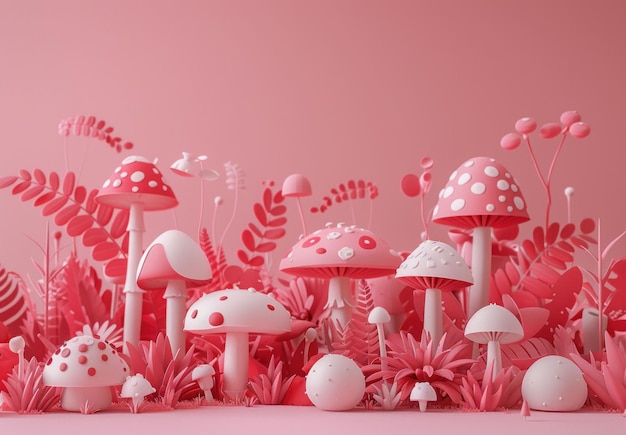 Surreal pink mushroom landscape with vibrant foliage and whimsical shapes