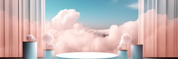 Surreal podium outdoor on blue sky pink gold pastel soft clouds with space 3d composition GenerateAI