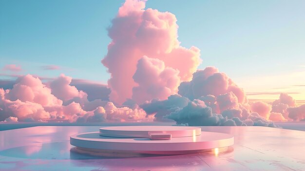 Photo surreal podium outdoor on blue sky pink gold pastel soft clouds with spacebeauty cos generative ai