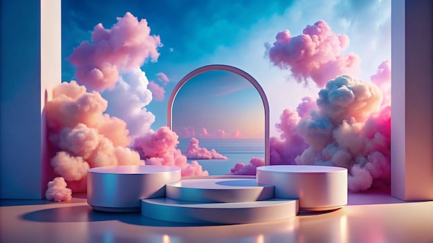 Photo surreal podium outdoor on blue sky pink violet pastel soft clouds with spacebeauty cosmetic product placement pedestal present stand minimal displaysummer paradise dreamy concept