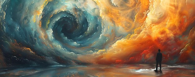 Surreal Podium Surrounded by Vibrant Swirling Vortex of Colors