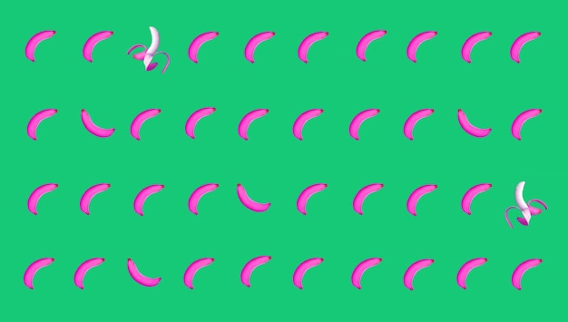 Surreal Pop Art Style Rows of Fuchsia Pink Skin Fresh Banana on Emerald Green Background