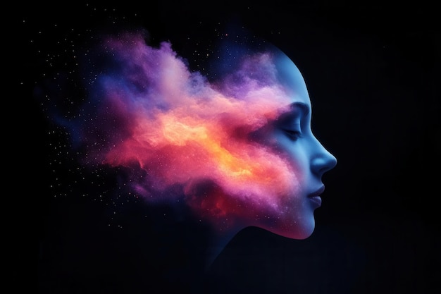 Photo a surreal portrait blending a woman39s profile with vibrant cosmic clouds evoking emotion and imagination in digital art