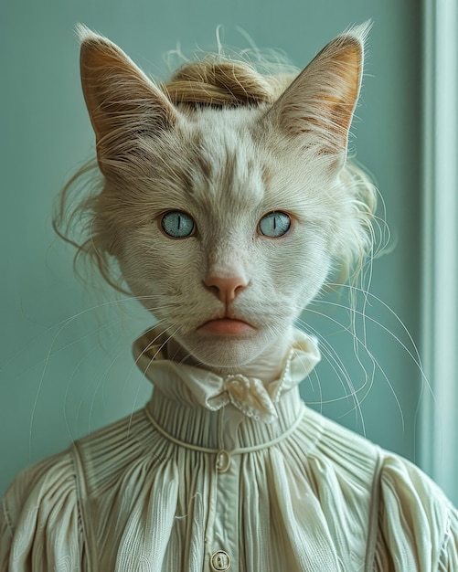 Photo a surreal portrait of a cat with a human expression in soft light