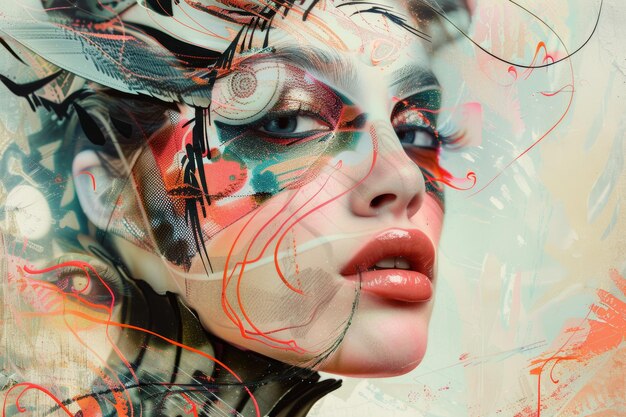 Surreal Portrait Featuring Abstract Makeup with Digital Art and Traditional Cosmetics Elements