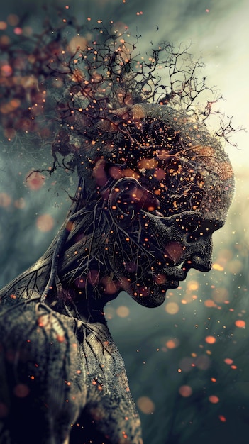 Surreal Portrait of Human Botanical Fusion Nature and Technology Intertwined