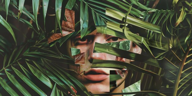 Photo surreal portrait of human face merged with lush tropical foliage and leaves