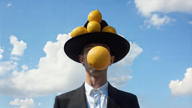 Surreal Portrait of a Man Wearing a Hat with Lemons Against a Sky Background