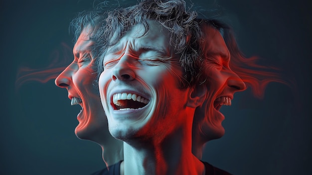 Photo surreal portrait of a man with a distorted laughing face split by waves of red and blue light