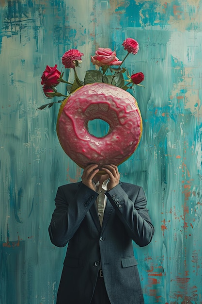 Surreal Portrait of Man with Donut Head and Roses