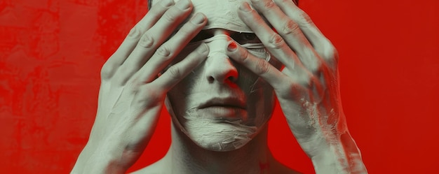 Surreal portrait of a man with eyes covered by hands in a white mask red background