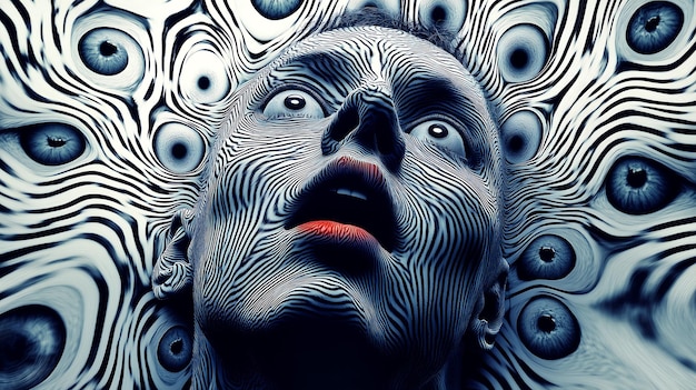 Surreal portrait of a man with swirling black and white patterns and multiple eyes