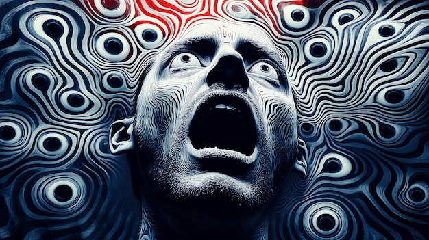 Photo surreal portrait of a man with swirling patterns and multiple eyes expressing terror and paranoia