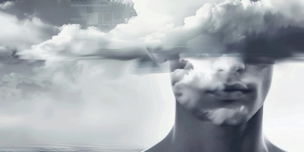 Surreal Portrait of a Man39s Head Blended with Clouds in a Dreamlike Sky