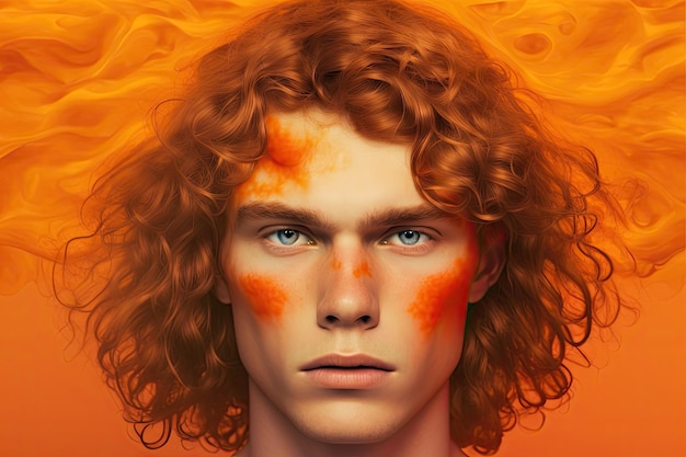 Surreal Portrait of Person with Wavy Hair and Orange Skin Against Plain Background