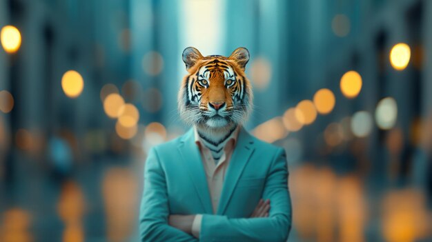 Surreal Portrait of a TigerHeaded Human in Suit Amid Urban Abstract Lighting