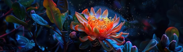 Surreal portrait of a tropical bloom with light painting emphasizing its vibrant colors and textures against a deep