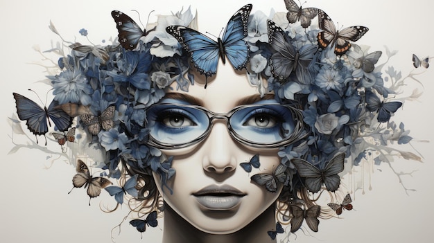 Photo surreal portrait with butterflies and flowers