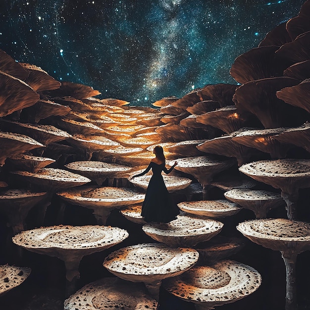 Photo surreal portrait of a woman dancing among gigantic mushrooms under the night sky