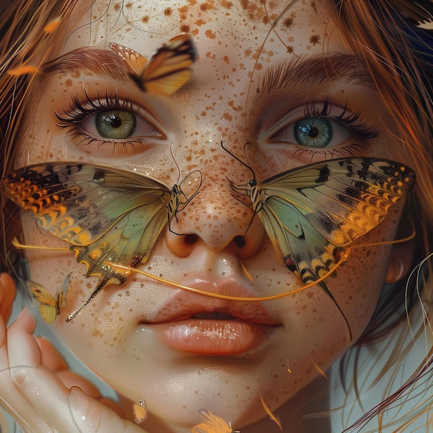 Surreal portrait woman with butterfly wings over eyes detailed textures muted tones