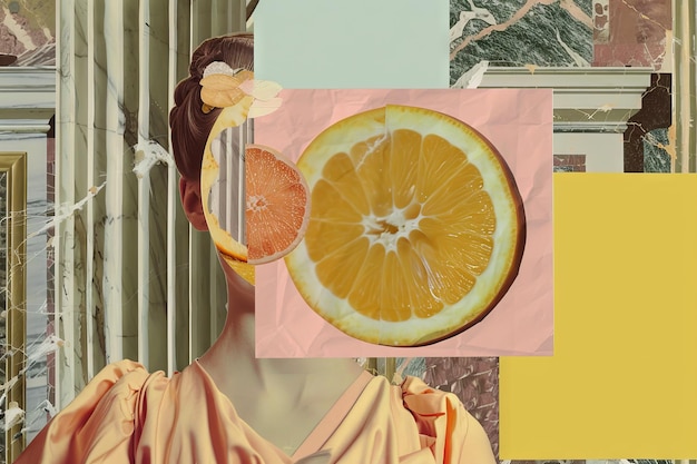 Photo surreal portrait of woman with citrus fruit overlay and abstract background