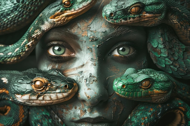 Surreal Portrait of Woman With Snakes Camouflage Body Art Fantasy Makeup Mystical Creature