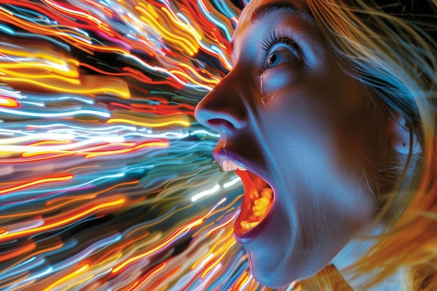 Photo surreal portrait of woman with vivid light waves reflecting emotional outburst in abstract art style