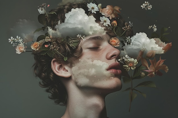 Surreal portrait of a young man with flowers and clouds blending into his face