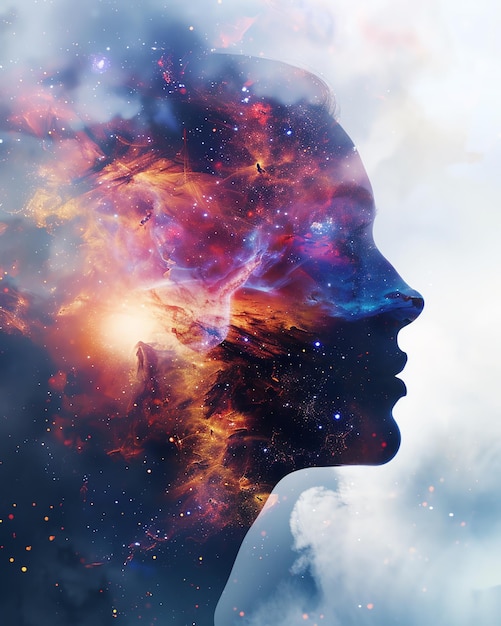 A surreal profile of a persons head with vibrant nebula and galaxy imagery